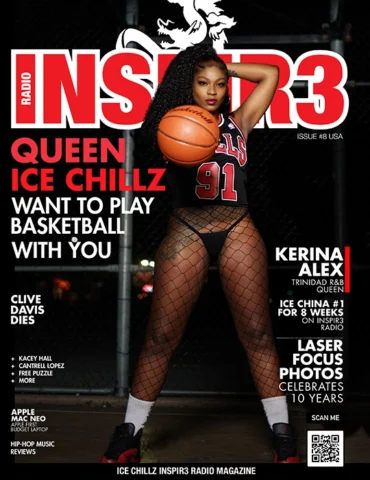 A beautiful black jamaican woman Ice Chillz poses in a bull jersey, black bottoms, socks, and Nike Jordans at a urban playground in New York holding a basketball. Inspir3 Radio Magazine Issue 8 Cover Basketball. Photo by C Murry.