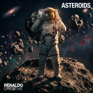 Astronaut standing on an asteroid with "ASTEROIDS" text