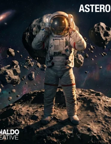 Astronaut standing on an asteroid with "ASTEROIDS" text