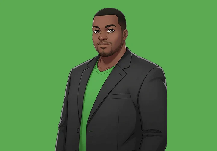 A Black man cartoon of Ceddy J in a black coat with white shirt looking at the camera