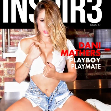 2016 Playboy playmate Dani Mathers on Inspir3 Radio Magazine Issue 7 cover in a kitchen with a white top, denum shorts and long brunette and blonde hair. Photo by East Coast Celebrity.