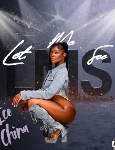 A woman "Ice China" single cover for her song Let Me see. She is wearing a denim coat, brown bottom, denim leg covering and denim and clean open toe high-heels.