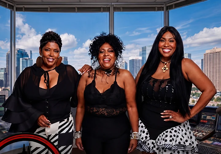 3 Beautiful woman stands in a radio stadio smiling. Hott Mama's In City