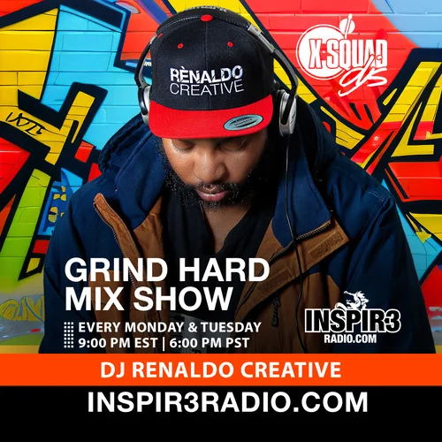 A man wear black and red Renaldo Creative Hat on a graffiti backdrop looking down with headphones. The text says Grind Hard Mix Show Every Monday and Tuesday at 9:00 PM EST www.inspir3radio.com. Host by: Renaldo Creative 10-22-2026